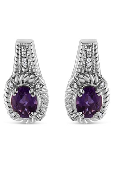 Oval Purple Amethyst Gemstone and Diamond Accent Art Deco Style Earrings
